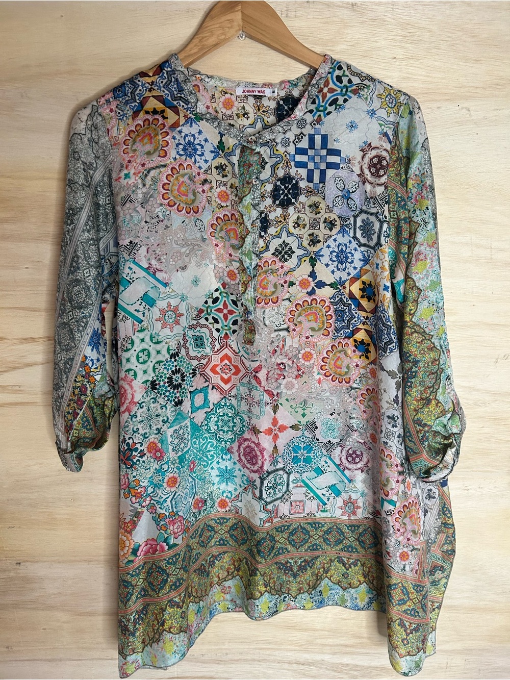 Johnny Was Multicolor Patchwork Tunic Blouse - Teal, Pink, Blue, Gold